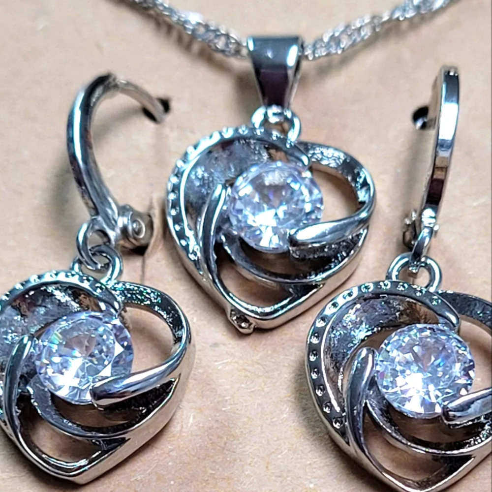 925S  Romantic Love Heart Necklace Hoop Earrings Set - Picture 6 of 6